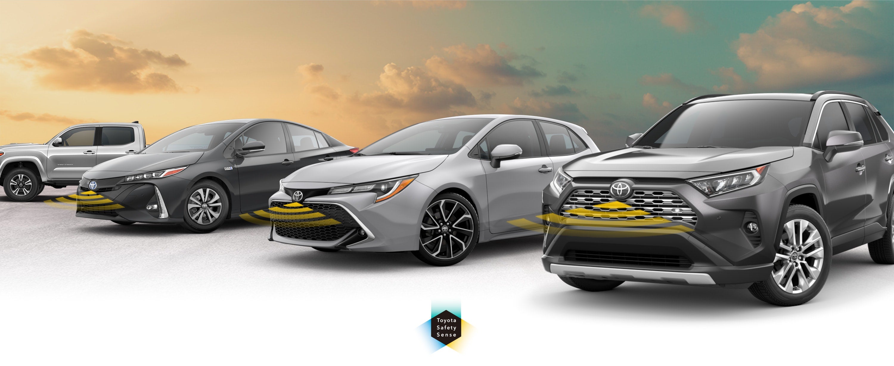 Toyota Safety Sense: Designed for Safety. Options shown on Toyota models including RAV4, Tacoma, and Camry, available now at Massey Toyota in Kinston NC.